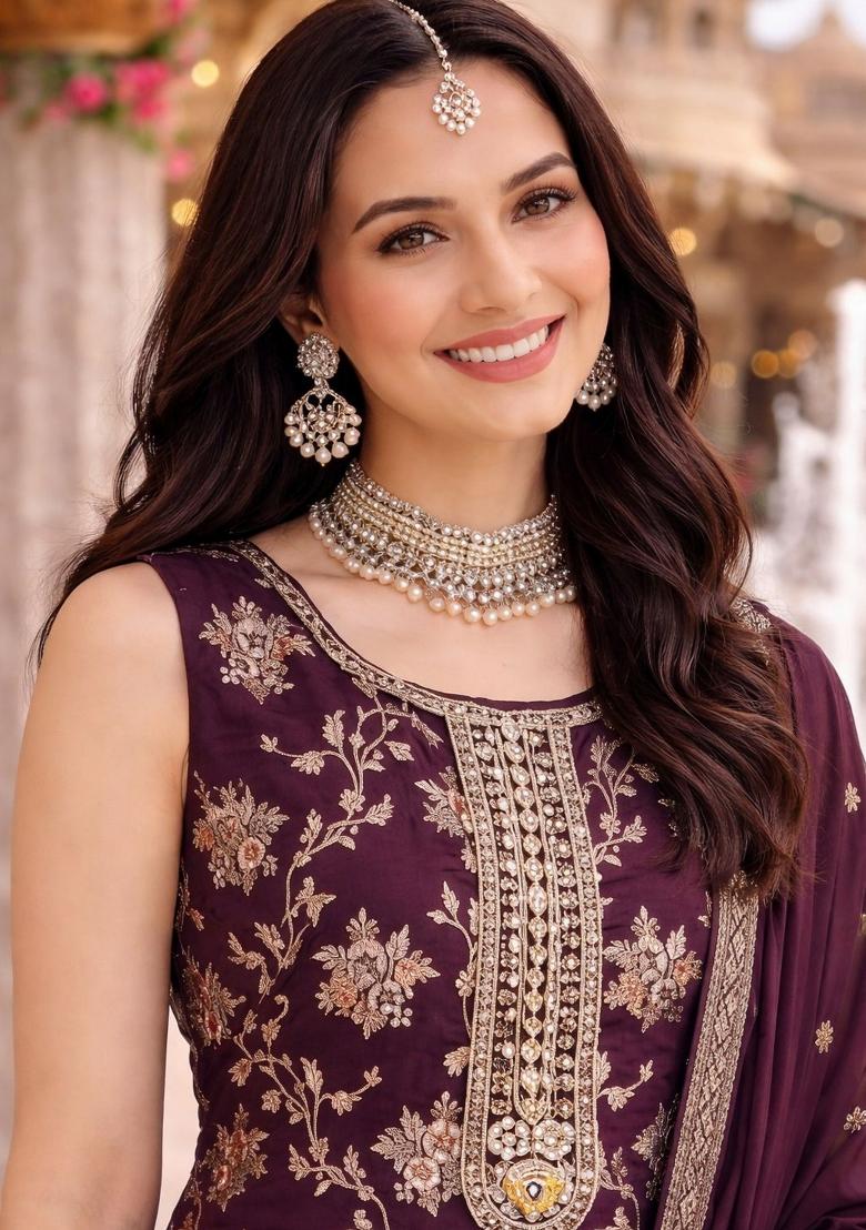 Wine Embroidery Jacquard Kurta Set - Indya
