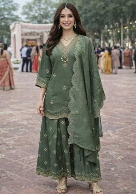 Green Embroidery Silk Kurta Set