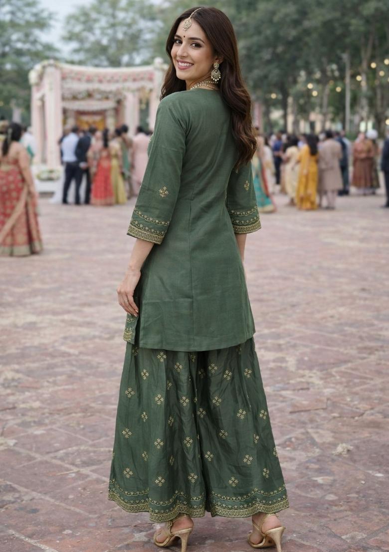 Green Embroidery Silk Kurta Set - Indya