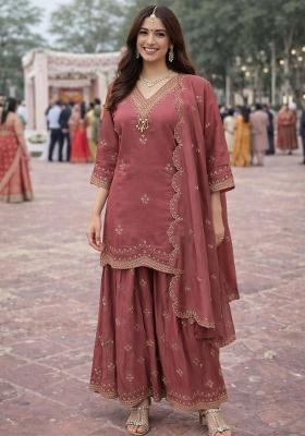 Maroon Embroidery Silk Kurta Set