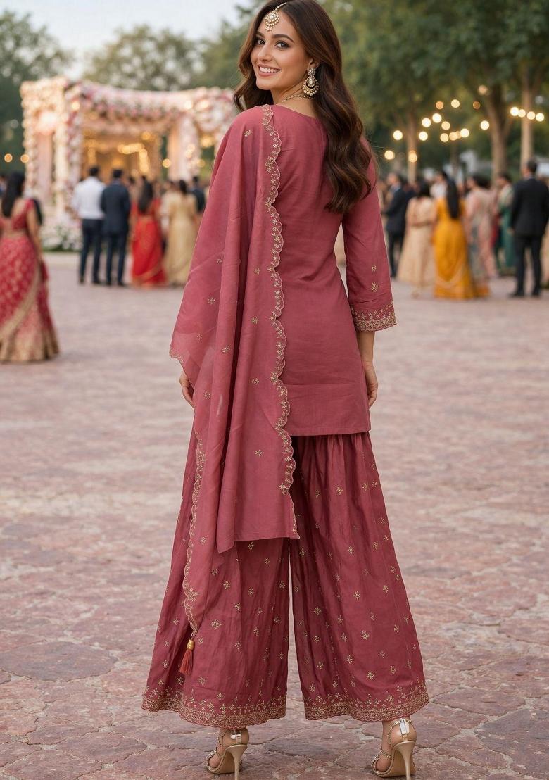 Maroon Embroidery Silk Kurta Set - Indya
