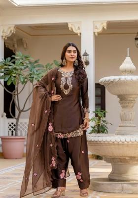 Brown Embroidery Silk Kurta Set