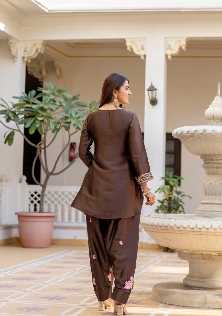 Brown Embroidery Silk Kurta Set - Indya