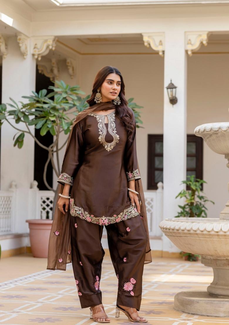 Brown Embroidery Silk Kurta Set - Indya