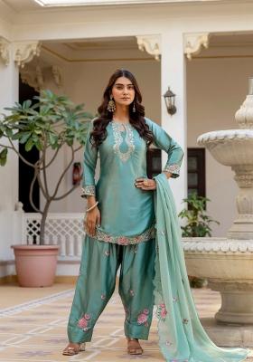 Sea Green Embroidery Silk Kurta Set