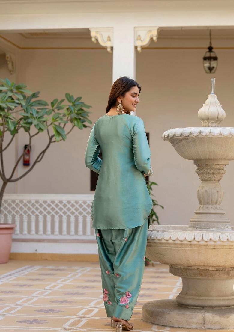 Sea Green Embroidery Silk Kurta Set - Indya