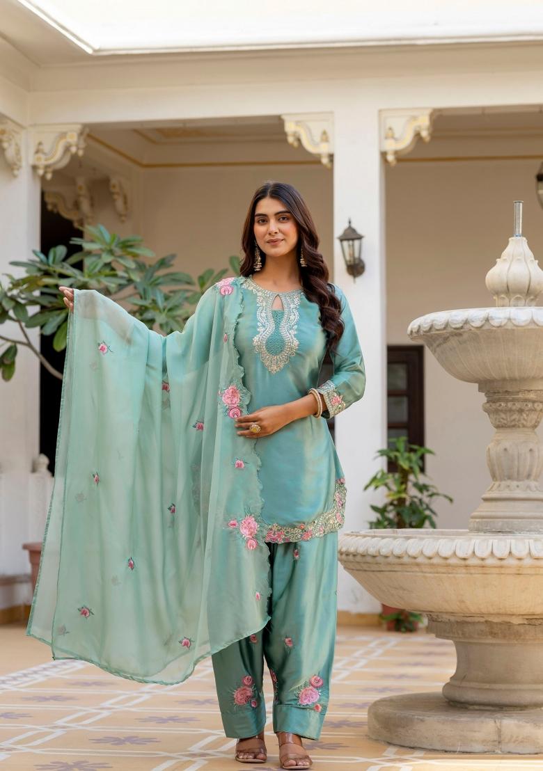 Sea Green Embroidery Silk Kurta Set - Indya
