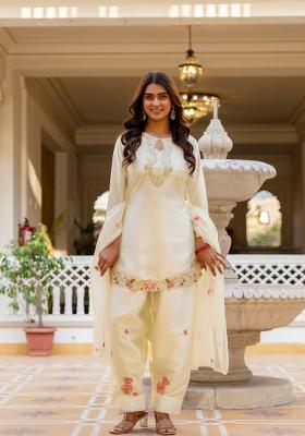 White Embroidery Silk Kurta Set