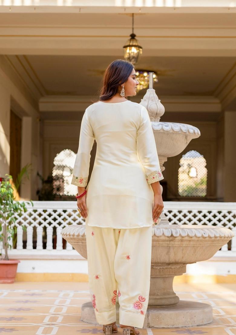 White Embroidery Silk Kurta Set - Indya