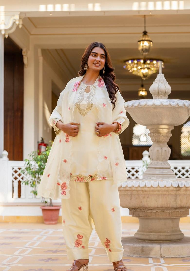 White Embroidery Silk Kurta Set - Indya