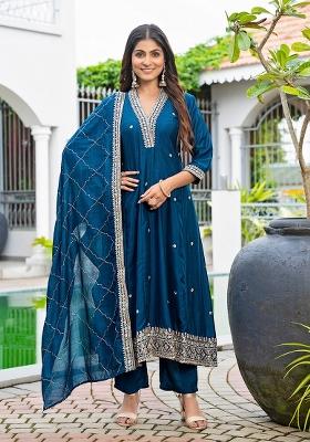 Teal Blue Embroidery Silk Kurta Set