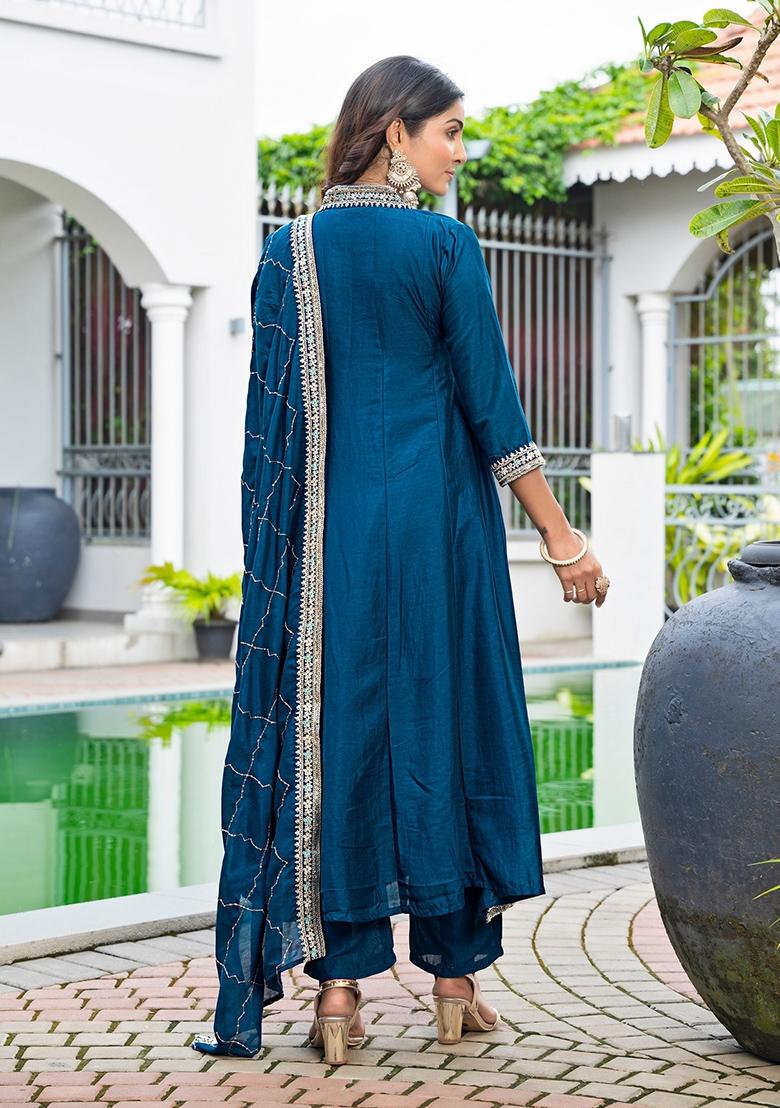 Teal Blue Embroidery Silk Kurta Set - Indya