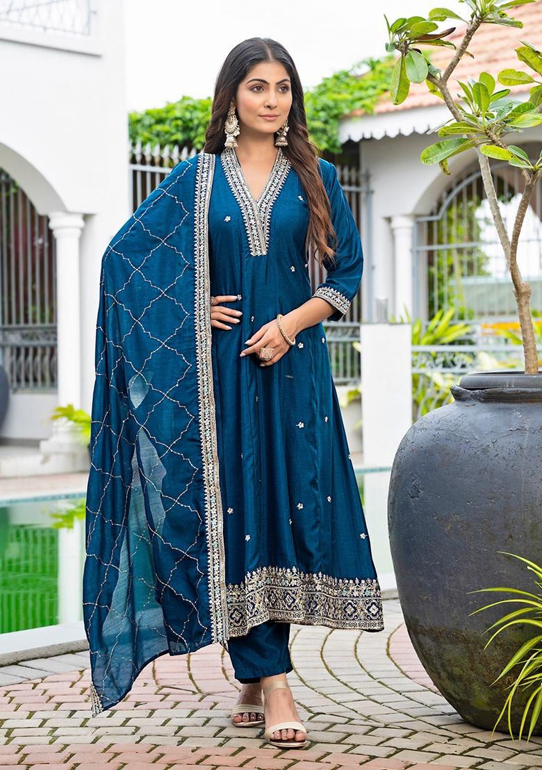 Teal Blue Embroidery Silk Kurta Set - Indya