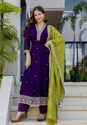 Purple Embroidery Silk Kurta Set