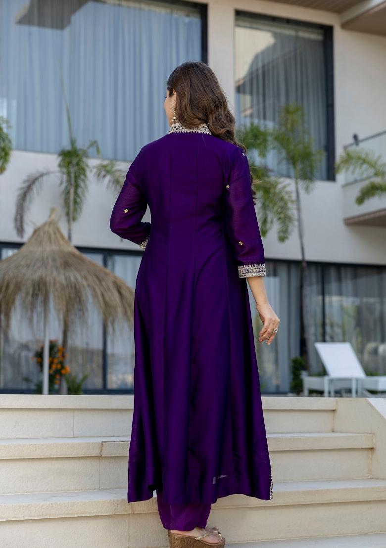 Purple Embroidery Silk Kurta Set - Indya