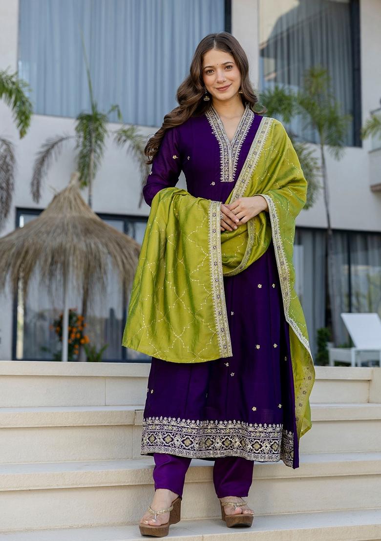 Purple Embroidery Silk Kurta Set - Indya