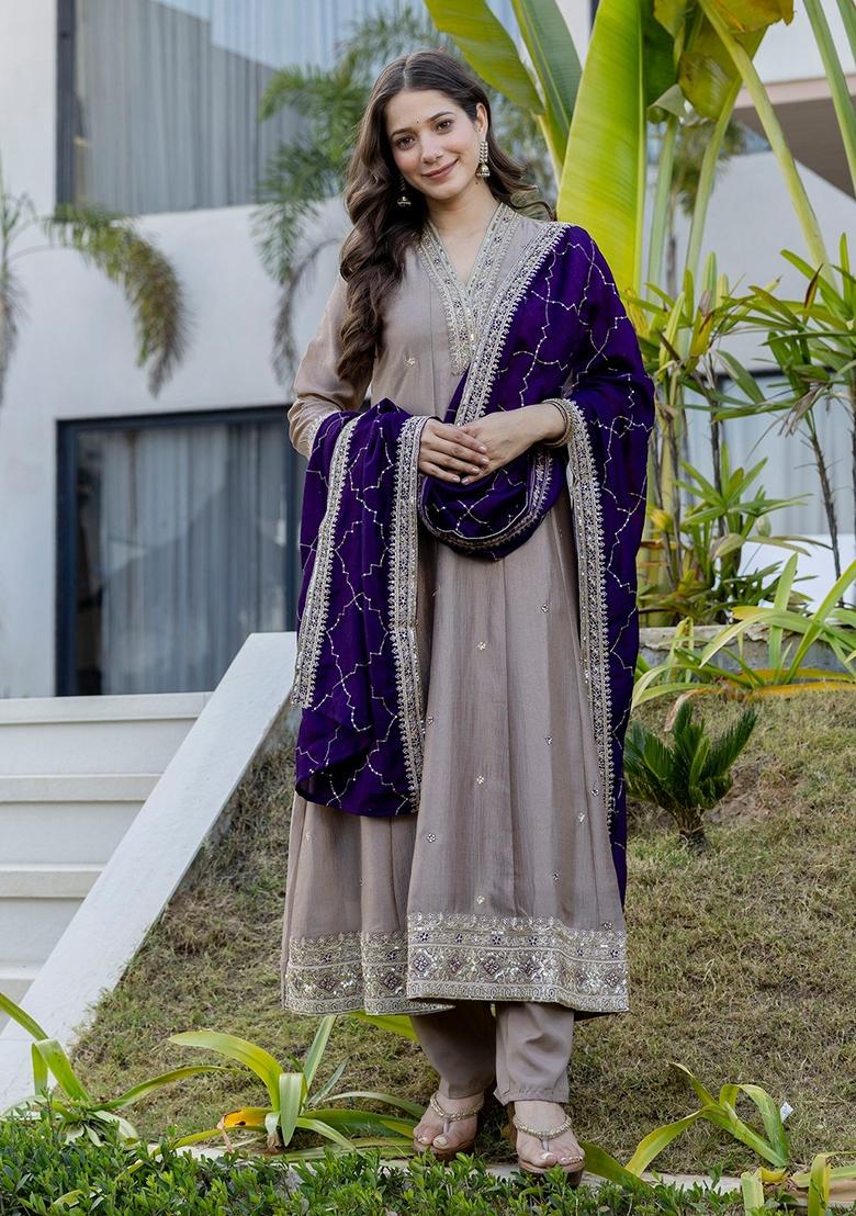 Grey Embroidery Silk Kurta Set - Indya