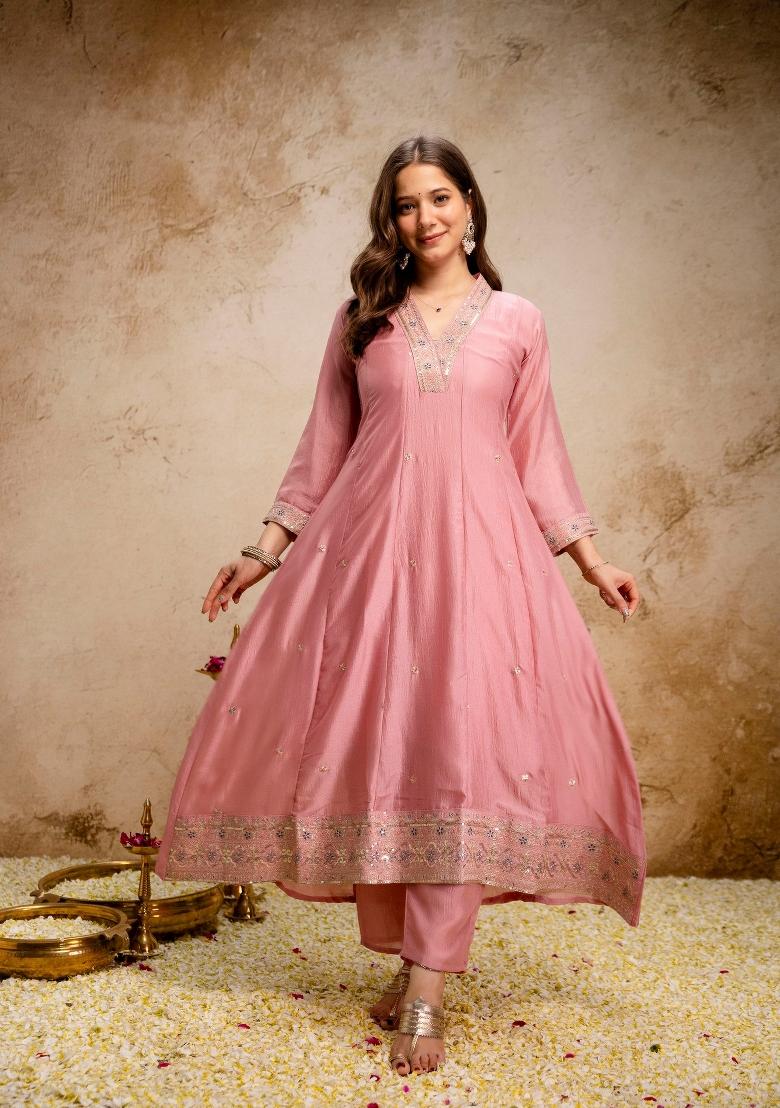 Pink Embroidery Silk Kurta Set - Indya
