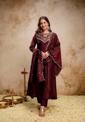 Coffee Embroidery Silk Kurta Set