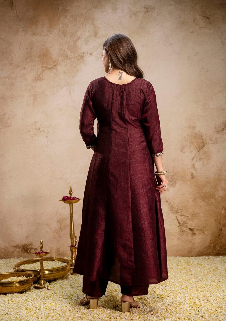 Coffee Embroidery Silk Kurta Set - Indya