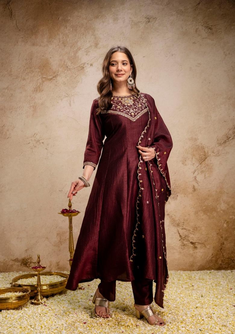 Coffee Embroidery Silk Kurta Set - Indya