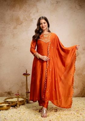 Orange Embroidery Silk Kurta Set