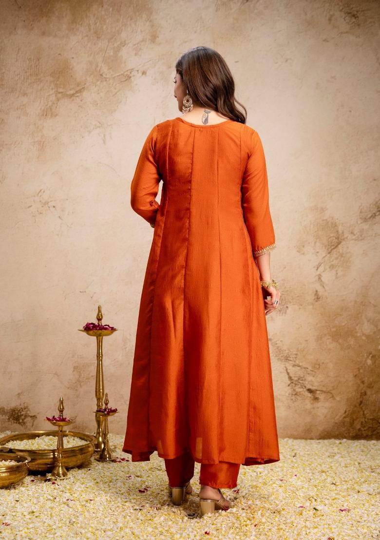 Orange Embroidery Silk Kurta Set - Indya