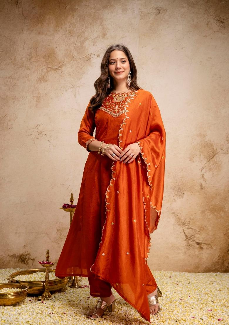 Orange Embroidery Silk Kurta Set - Indya