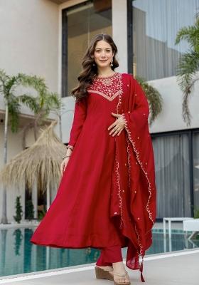 Red Embroidery Silk Kurta Set