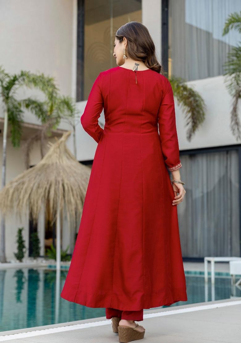 Red Embroidery Silk Kurta Set - Indya