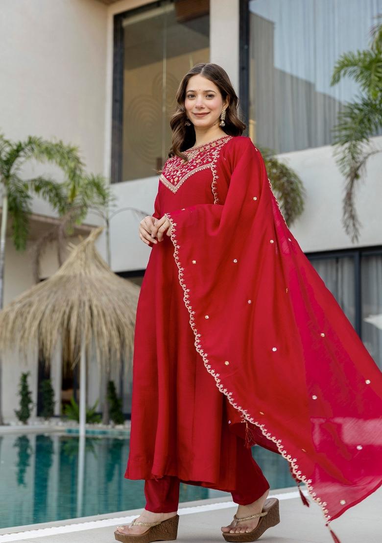 Red Embroidery Silk Kurta Set - Indya