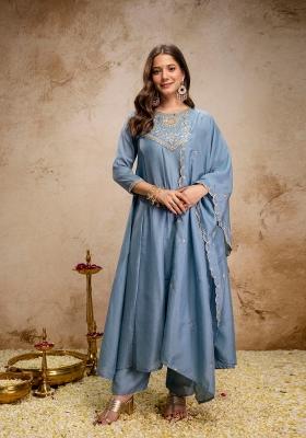 Sky Blue Embroidery Silk Kurta Set