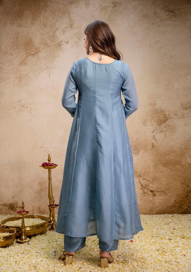 Sky Blue Embroidery Silk Kurta Set - Indya