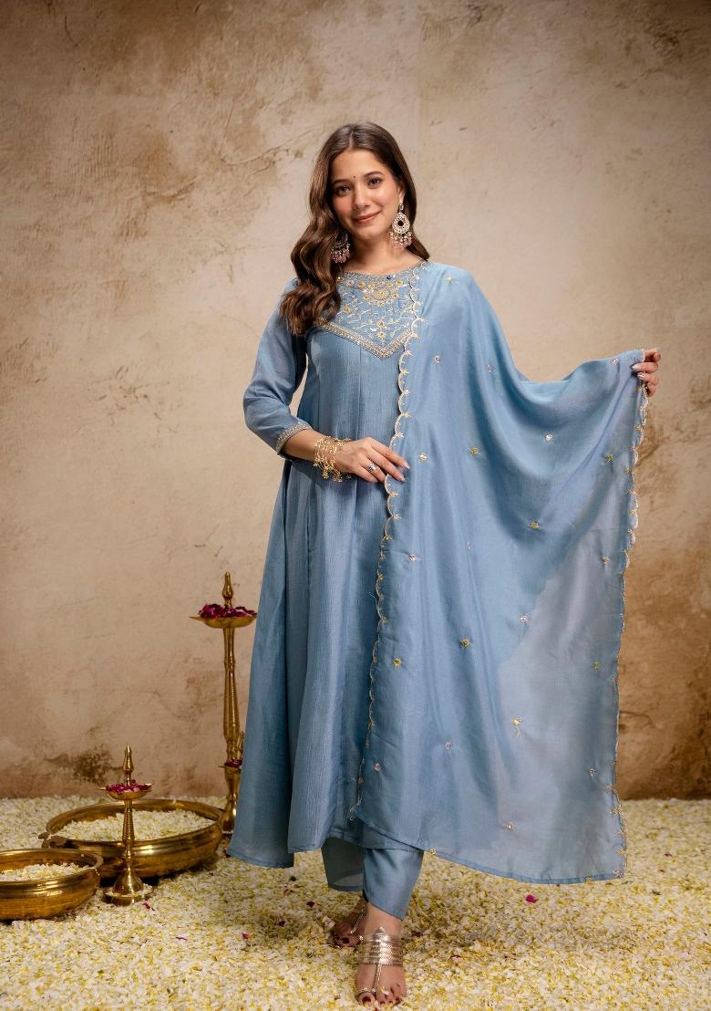 Sky Blue Embroidery Silk Kurta Set - Indya