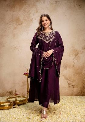 Wine Embroidery Silk Kurta Set