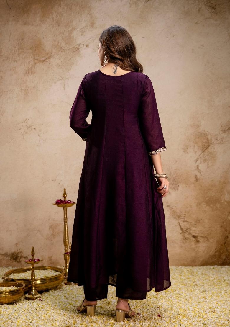 Wine Embroidery Silk Kurta Set - Indya
