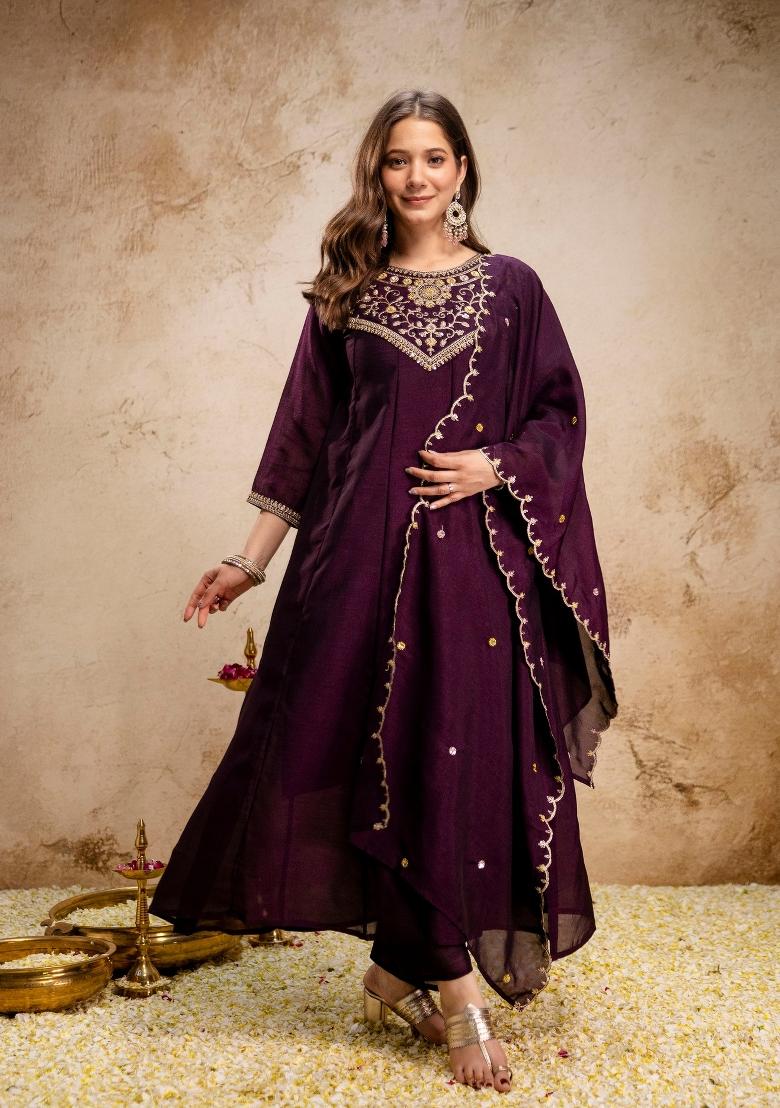 Wine Embroidery Silk Kurta Set - Indya