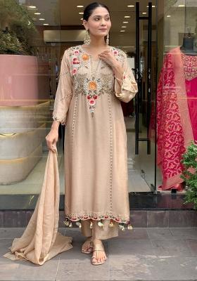 Cream Embroidery Chanderi Kurta Set