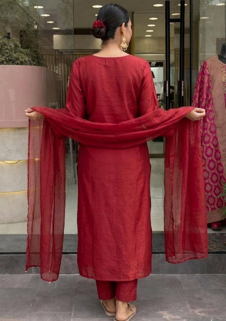 Maroon Embroidery Chanderi Kurta Set - Indya