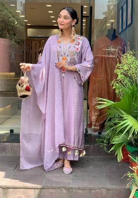 Mauve Embroidery Chanderi Kurta Set