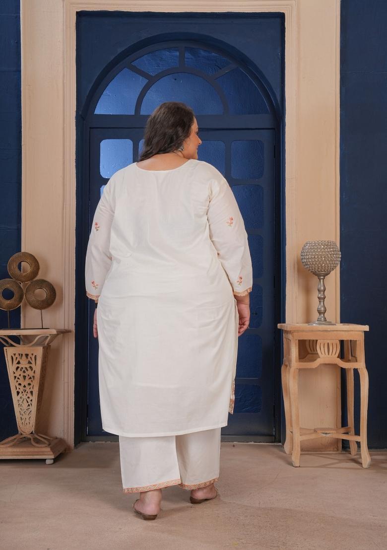 White Embroidery Cotton Kurta Set - Indya