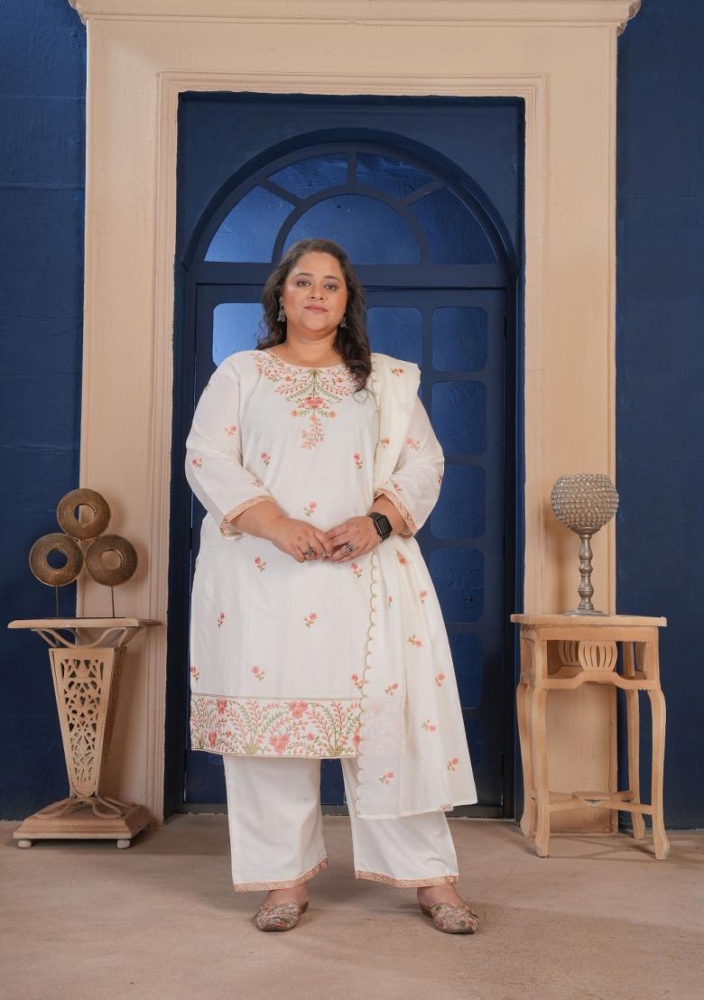 White Embroidery Cotton Kurta Set - Indya