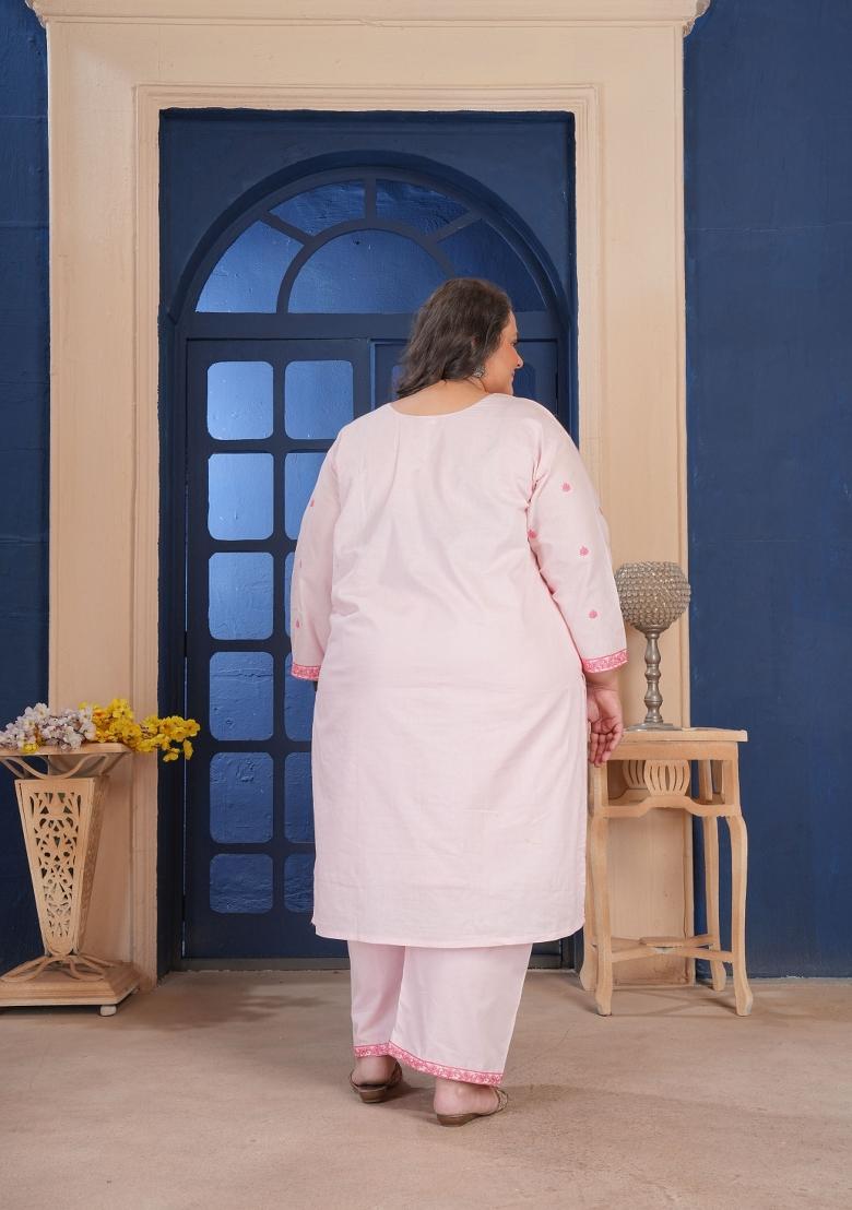 Pink Embroidery Cotton Kurta Set - Indya