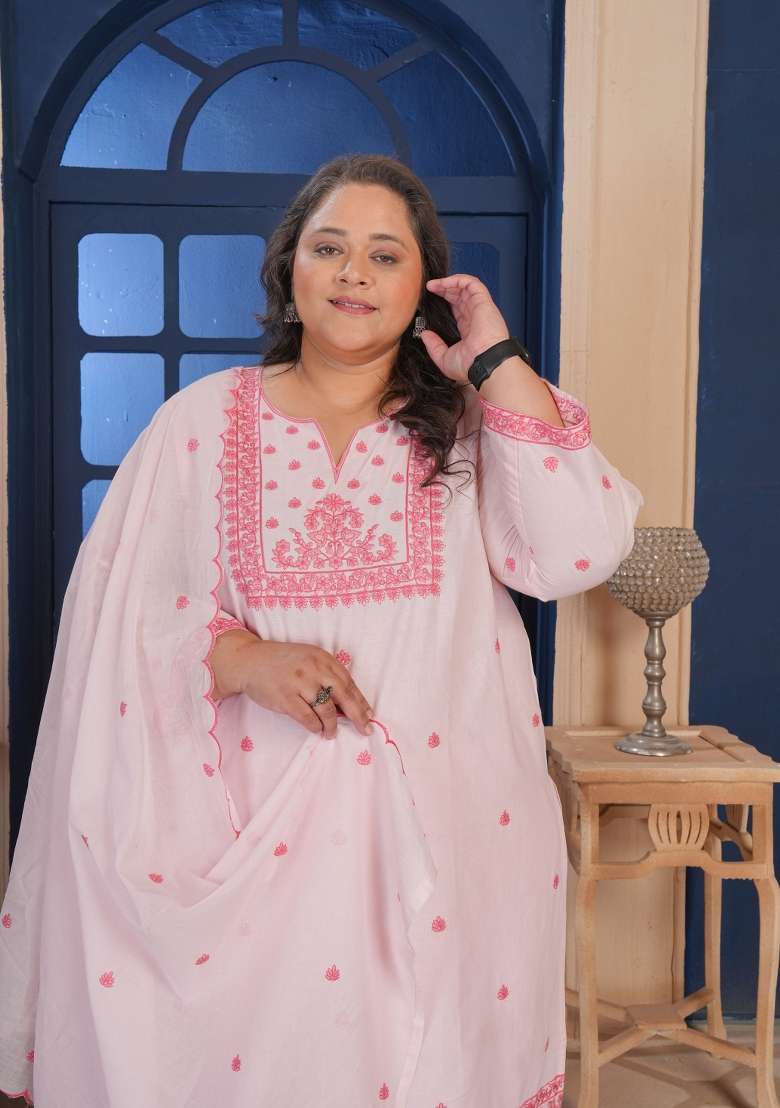 Pink Embroidery Cotton Kurta Set - Indya