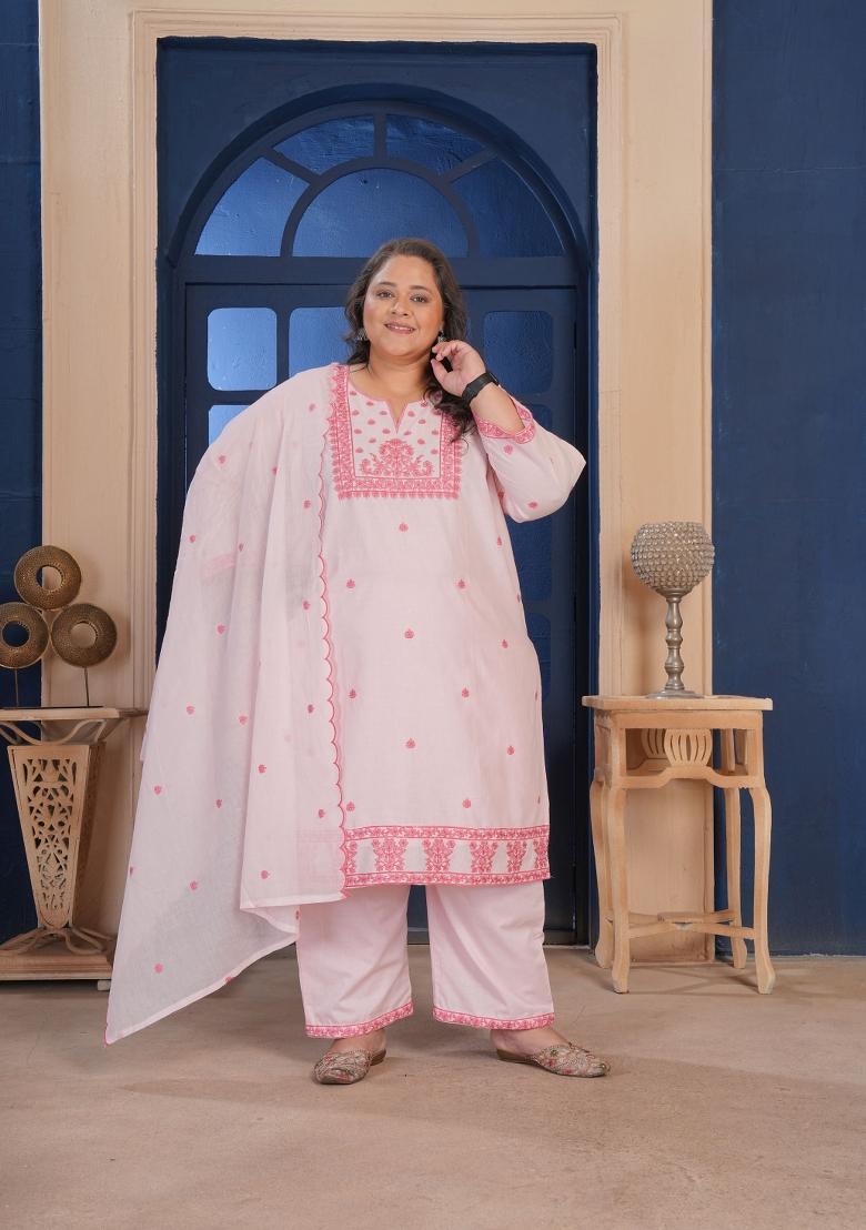 Pink Embroidery Cotton Kurta Set - Indya
