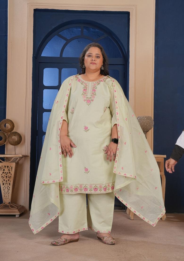 Green Embroidery Cotton Kurta Set - Indya