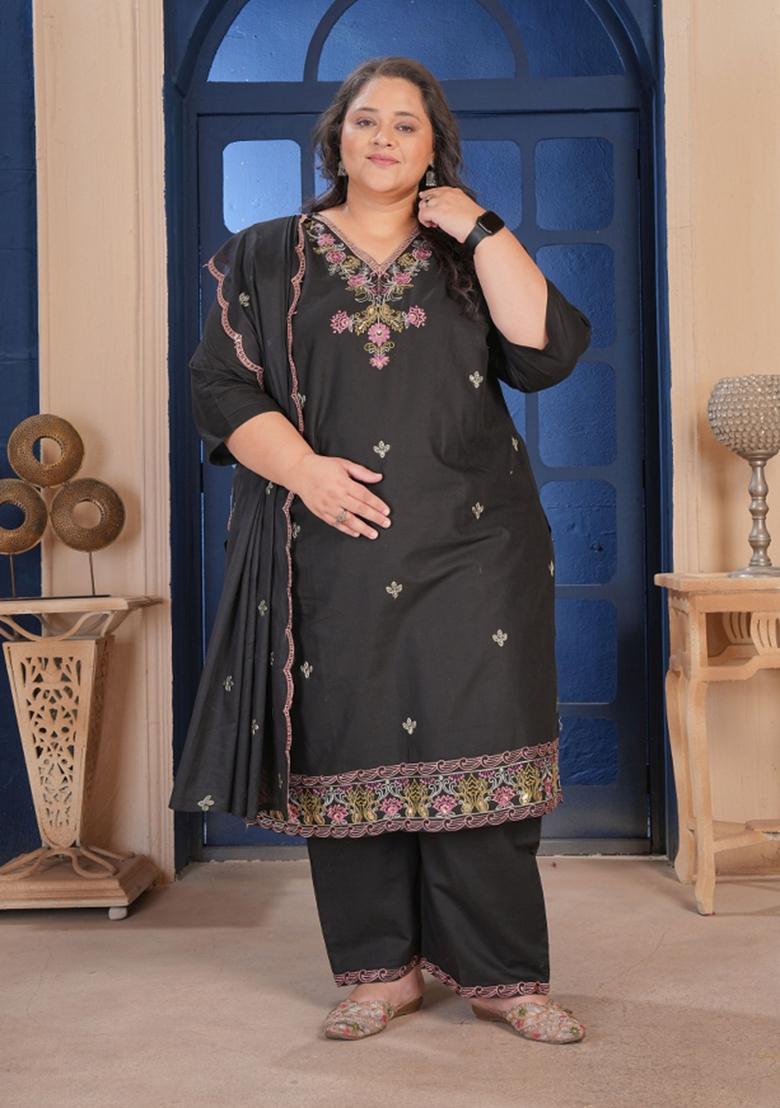 Black Embroidery Cotton Kurta Set - Indya