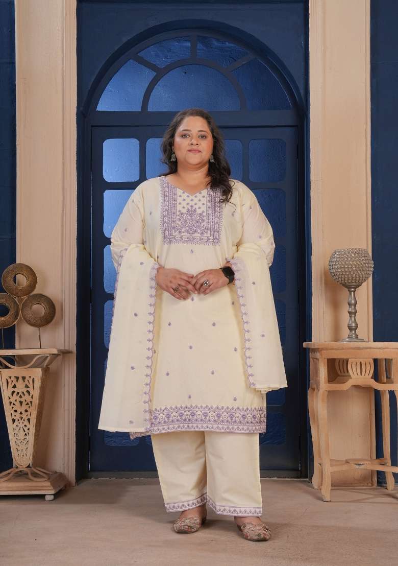Cream Embroidery Cotton Kurta Set - Indya