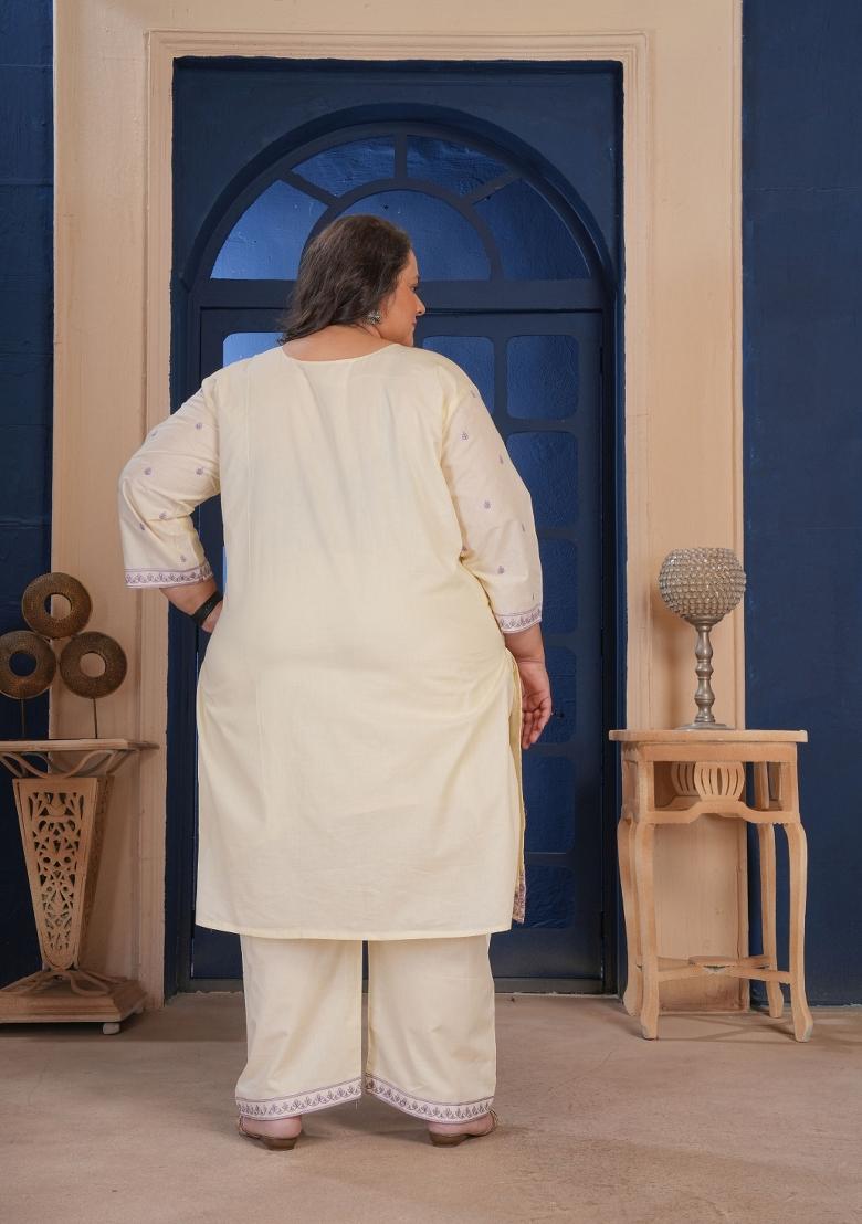 Cream Embroidery Cotton Kurta Set - Indya