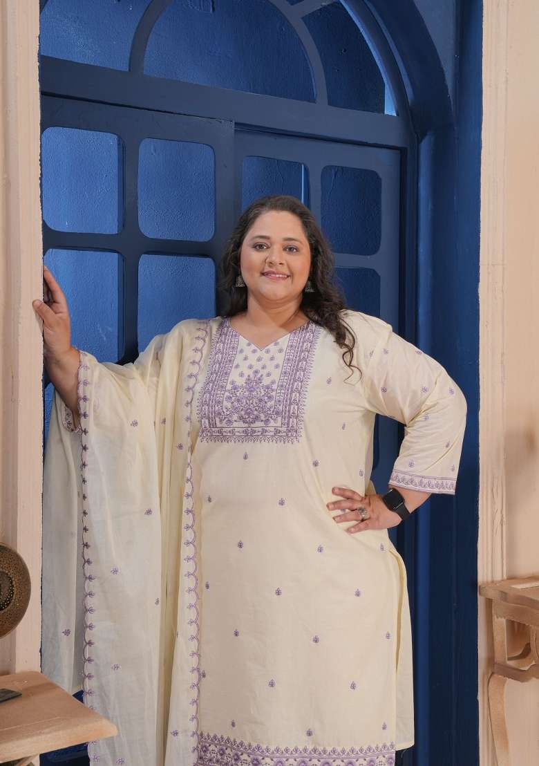 Cream Embroidery Cotton Kurta Set - Indya